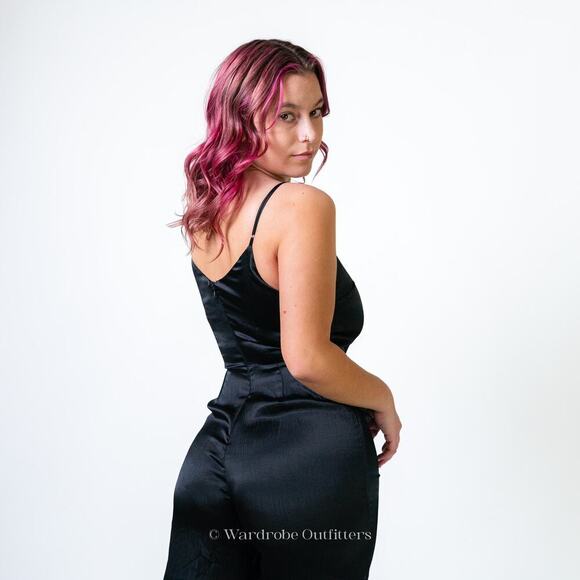 F21 Contemporary Black Silky Romper - Picture 7 of 8